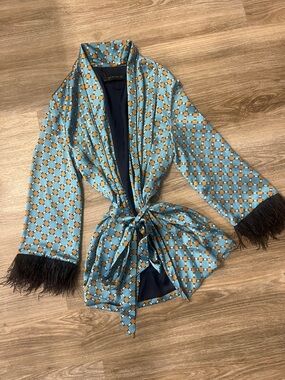 Zara Teal and Gold Geometric Tie-Waist Jacket with Black Feather Cuffs
